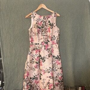 Pink Floral Sleeveless Ted Baker A-Line Midi Dress perfect for Wedding Guests